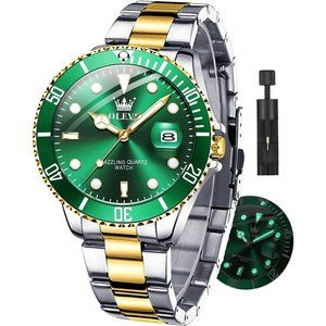 Olevs Men Green Silver Waterproof Luxury Analog Wristwatch
